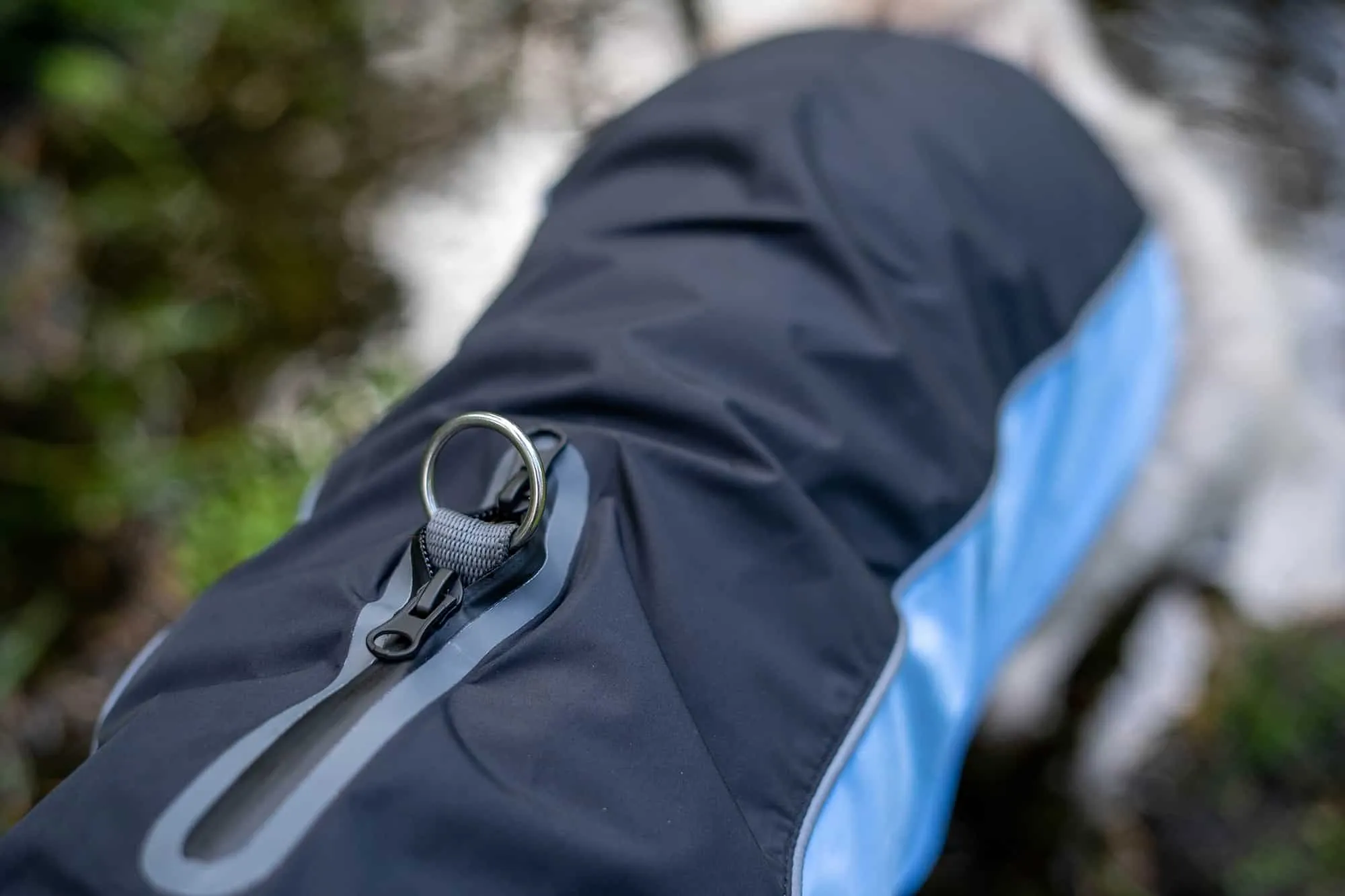 Ein schwarzer Hund trägt einen Wolters Easy Rain Regenmantel, der eine praktische Öffnung für die Geschirrbefestigung auf dem Rücken zeigt.