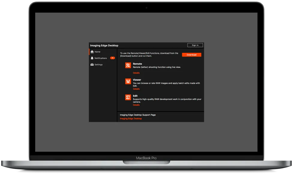 Ein Screenshot der Download-Seite für Imaging Edge Desktop für Mac.