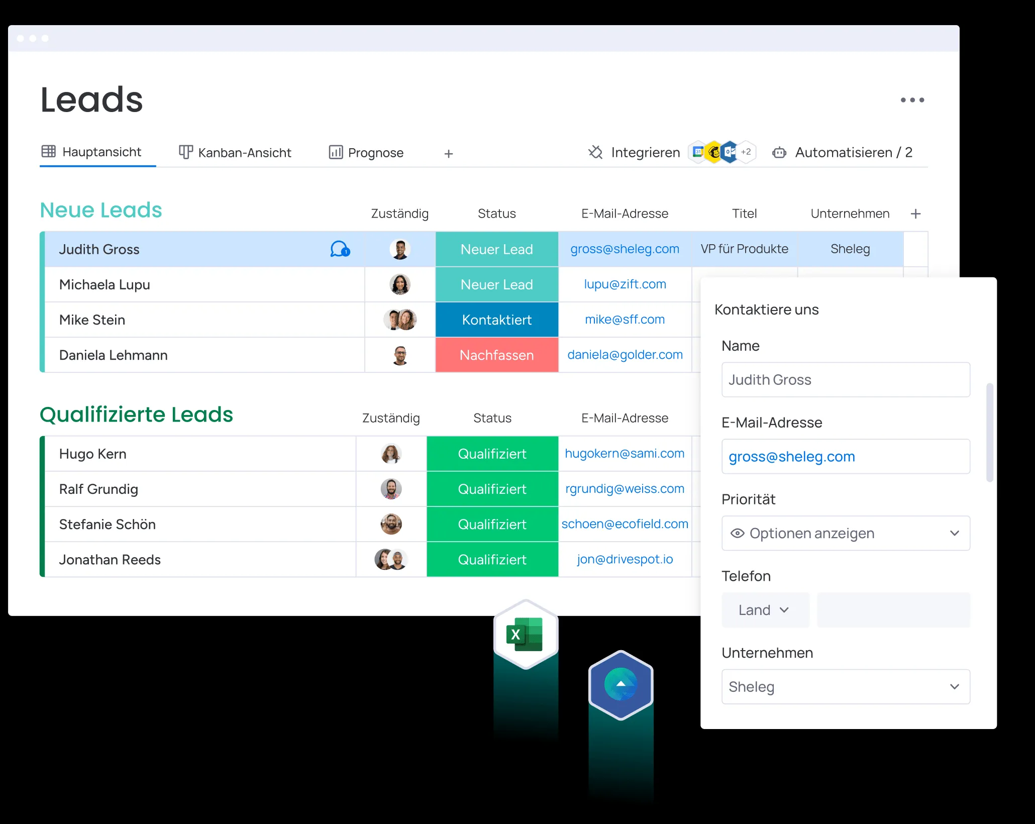 Ein Screenshot, der Lead-Tabs in monday CRM zeigt