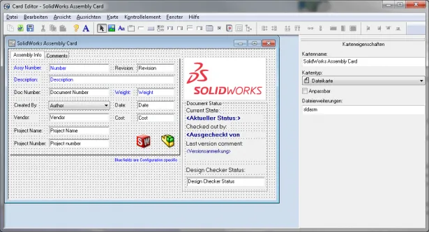 Ein Screenshot des SOLIDWORKS PDM Professional User Interface UI CARD Editors.