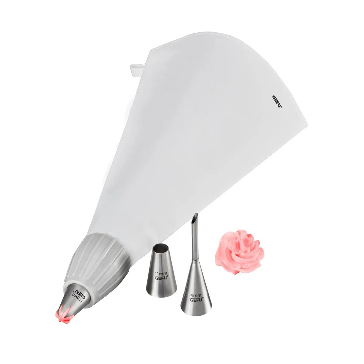 Ein Spritzbeutel-Set mit verschiedenen Tüllen für kunstvolle Dekorationen von Kuchen, Gebäck und Desserts.