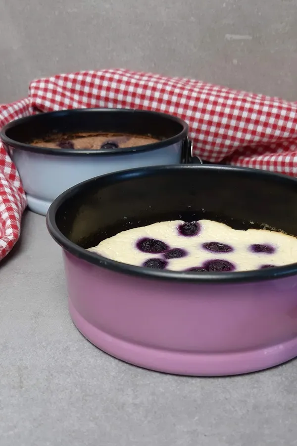 Ein Stück leichter WW Skyr Kuchen mit Heidelbeeren, perfekt als gesunder Geburtstagskuchen.