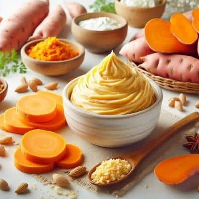 Ein stückweise servierter, selbstgemachter basischer Käse, der an Cheddar erinnert, eine vegane und säurearme Alternative.