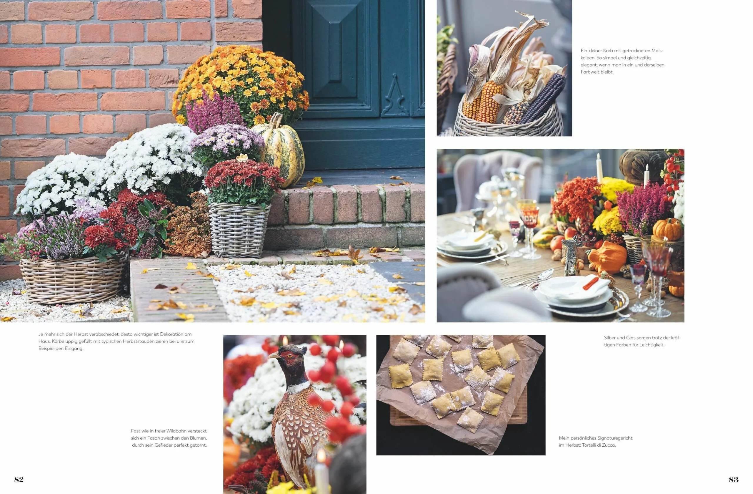 Ein weiteres Bild zeigt eine detailreiche Tischdekoration mit Kerzen und Blumen