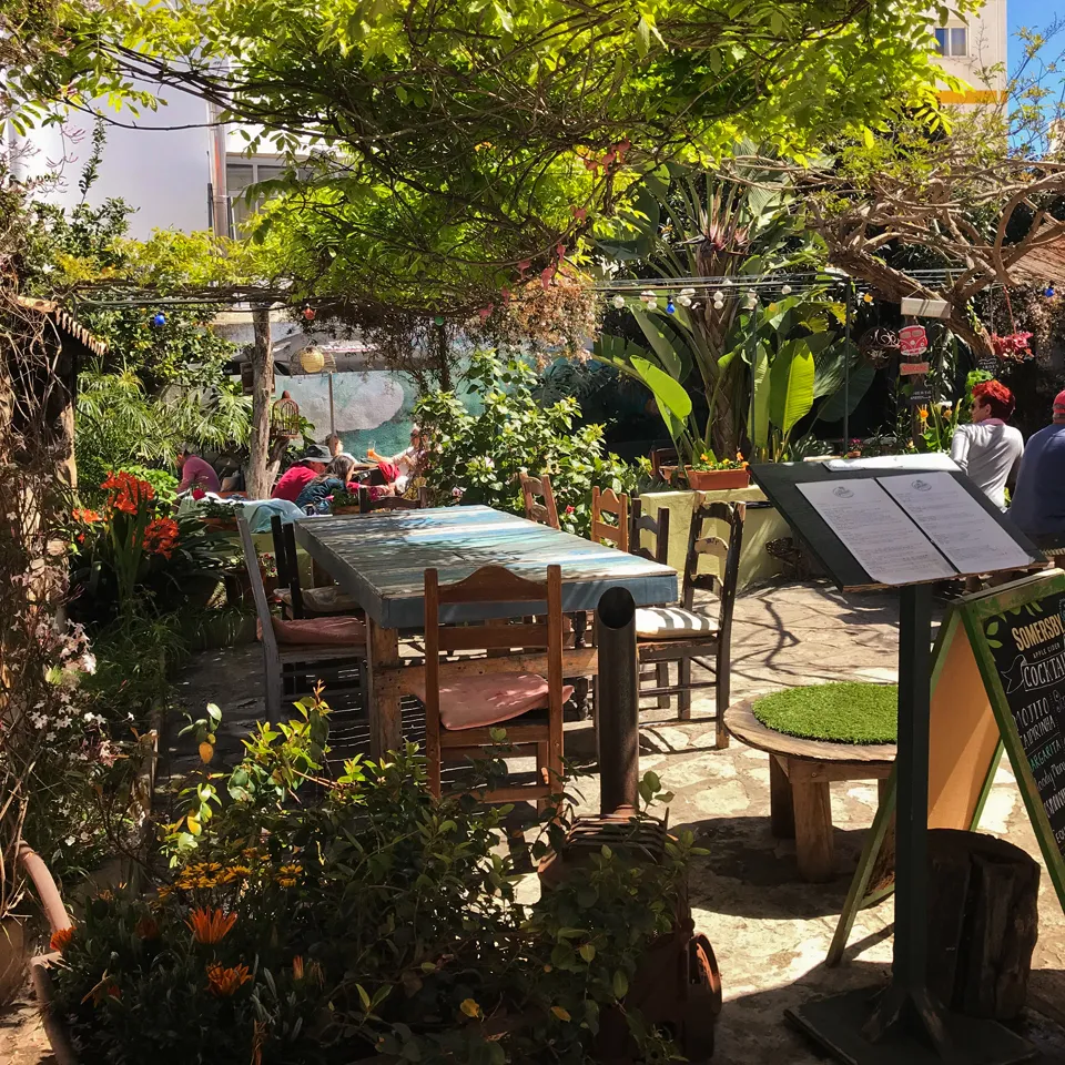 Ein wunderschön bepflanzter Innenhof mit Tischen und Stühlen, der eine entspannende und grüne Atmosphäre schafft