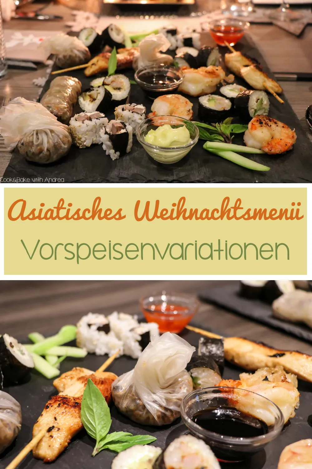 Eine ansprechende Collage verschiedener asiatischer Vorspeisen, darunter Sushi, gebackene Garnelen und gefüllte Teigtaschen, angerichtet mit passenden Dips und Saucen.