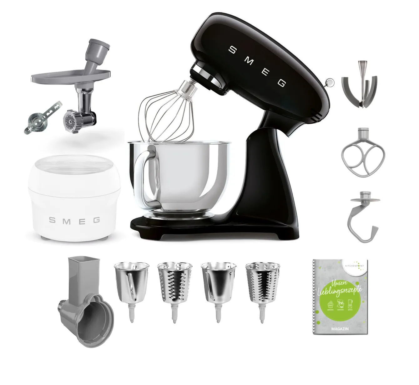 Eine Auswahl an SMEG Küchenmaschinen in verschiedenen Farben und Konfigurationen.
