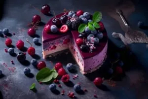 Eine Auswahl an veganen Geburtstagskuchen für Jungen, verziert mit einfachen und eleganten Elementen wie Beeren und Minze, die Stil zeigen.