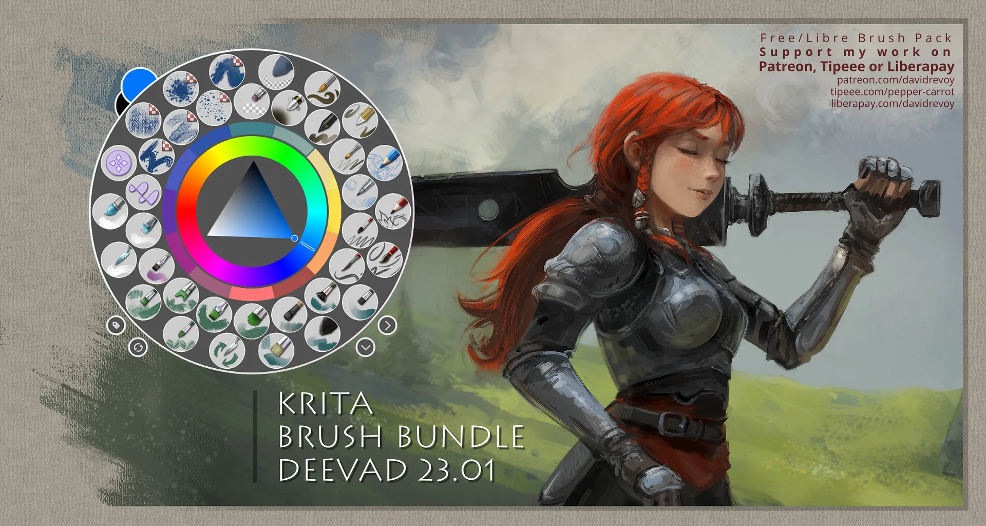 Eine Auswahl von Krita Pinseln, die in verschiedenen Farben und Texturen dargestellt werden.