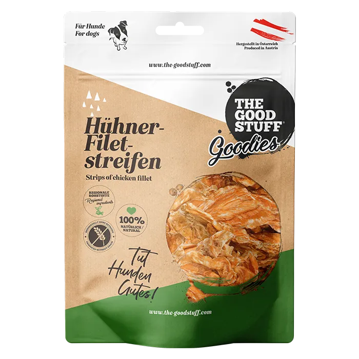 Eine Auswahl von the good stuff Snacks, darunter Hühner-Filetstreifen und Rinder-Streifen