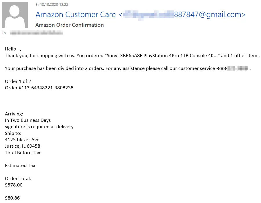Eine betrügerische E-Mail, die angeblich von Amazon stammt und eine teure Bestellung ankündigt, die Sie nie aufgegeben haben