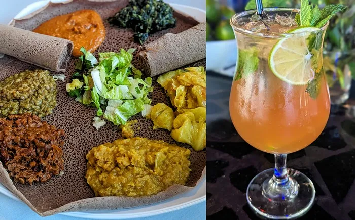 Eine bunte Auswahl an vegetarischen Gerichten und einem erfrischenden Getränk, die die Vielfalt der modernen Küche zeigt