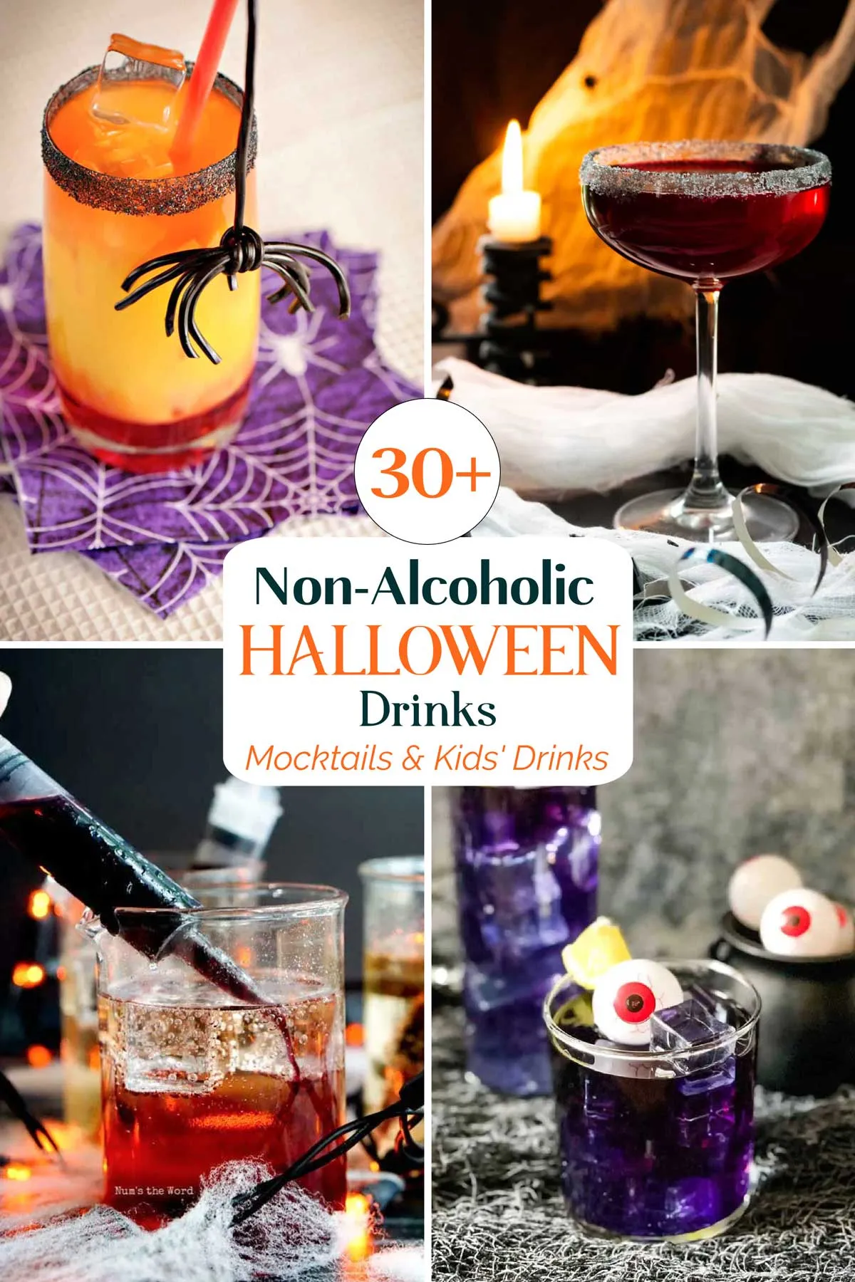 Eine Collage aus vier verschiedenen alkoholfreien Halloween-Cocktails, die gruselige und festliche Farben zeigen.