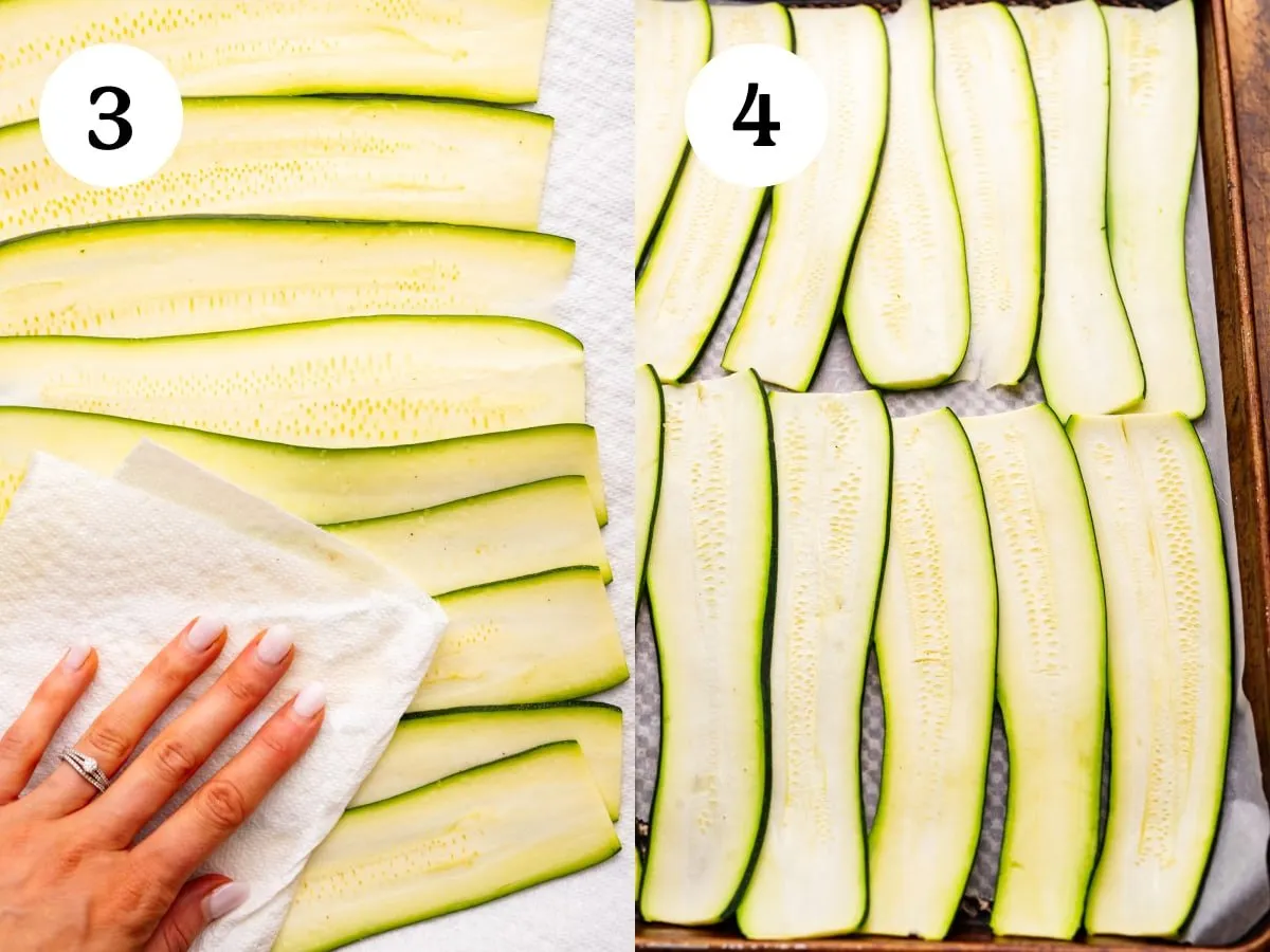 Eine Collage aus zwei Fotos, die Schritte zur Zubereitung von Zucchini Lasagne zeigen. Das erste Foto zeigt eine Hand, die überschüssige Feuchtigkeit von Zucchini-Nudeln abtupft. Das zweite Foto zeigt vorgebackene Zucchini-Nudeln auf einem Backblech mit Backpapier.