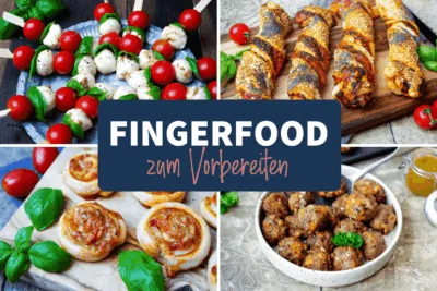 Eine Collage von vier verschiedenen Fingerfood-Rezepten, darunter Spieße, Wraps und Gebäck