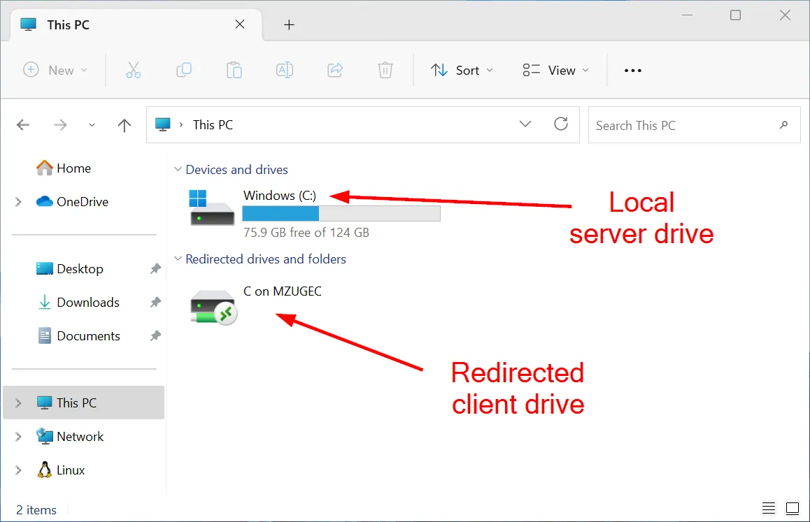 Eine Darstellung von Laufwerken in einem Remote-Desktop-Sitzung