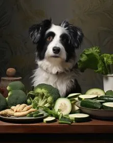 Eine Dose vegetarisches Hundefutter mit Zucchini, Brokkoli und Spinat
