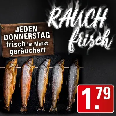 Eine Forelle, frisch geräuchert, weist auf ein besonderes Angebot für Fischliebhaber hin