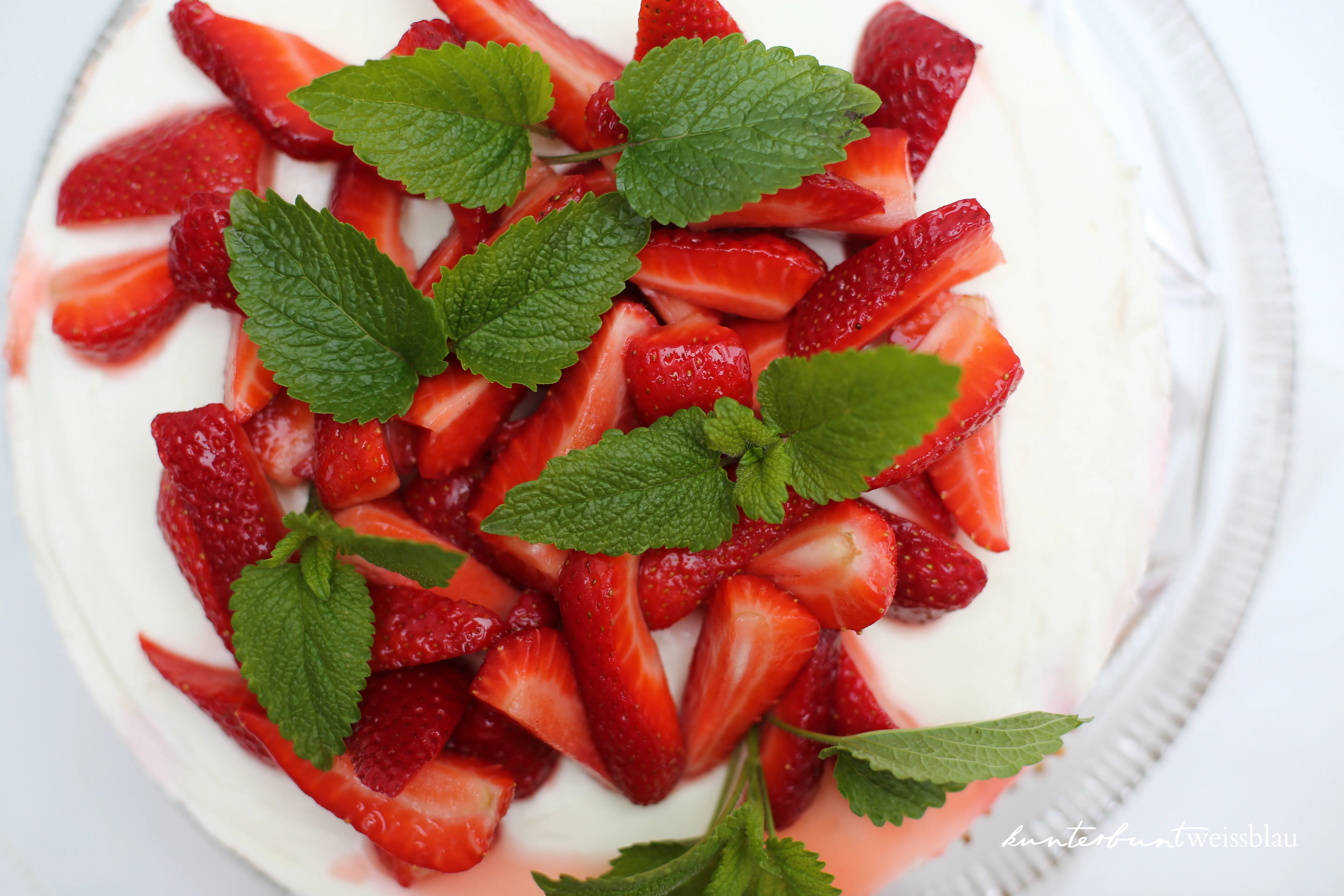 Eine ganze, frisch zubereitete Rhabarber Käse Sahne Torte mit Erdbeeren, perfekt für den Frühling