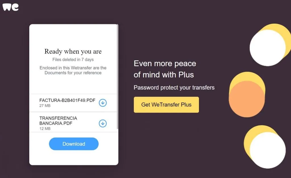 Eine gefälschte WeTransfer-Seite, erstellt mit demselben Phishing-Kit wie die Zielkampagnen-Websites