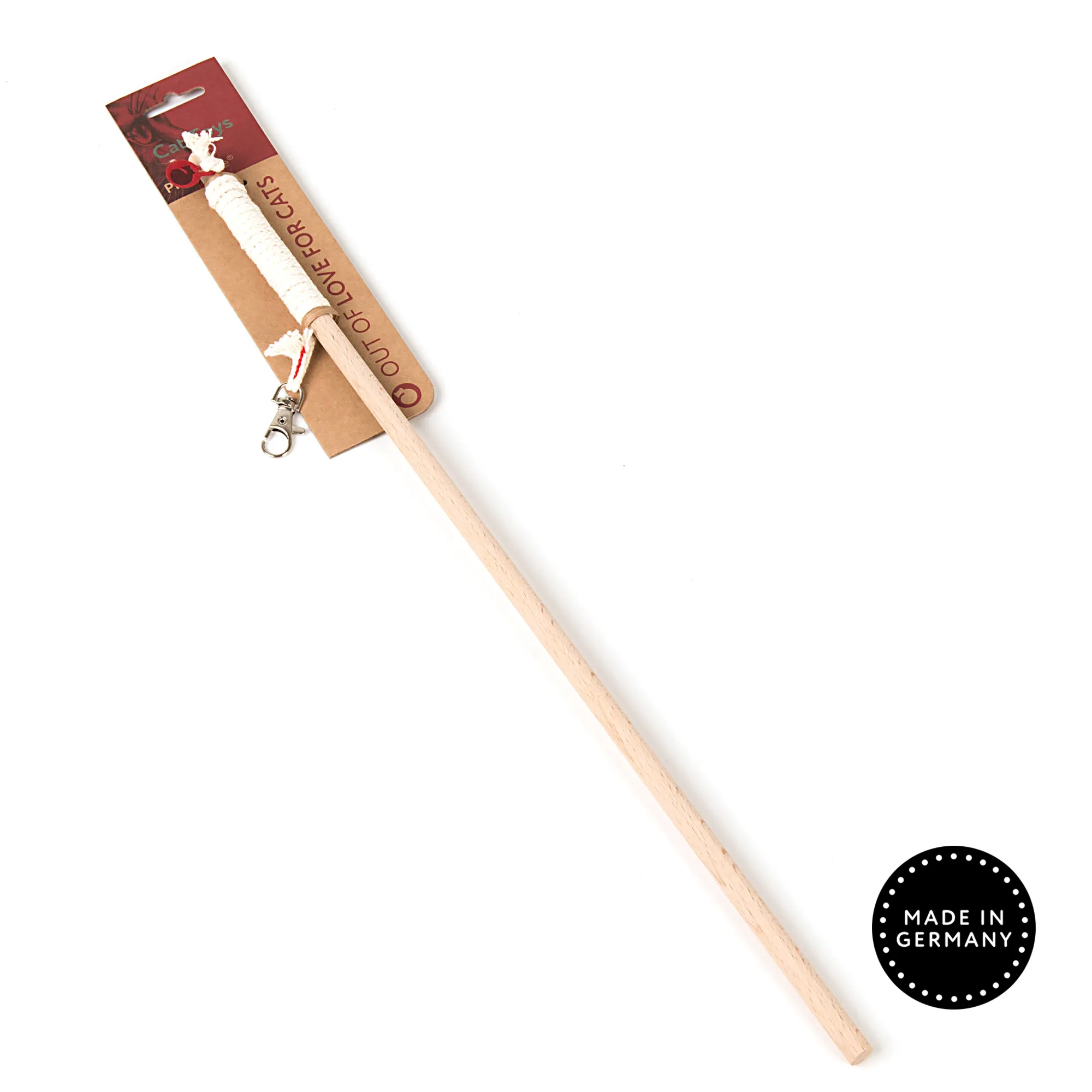 Eine handgefertigte Holz-Katzenangel, die für verschiedene Wechselanhänger geeignet ist und Wert auf Nachhaltigkeit legt.