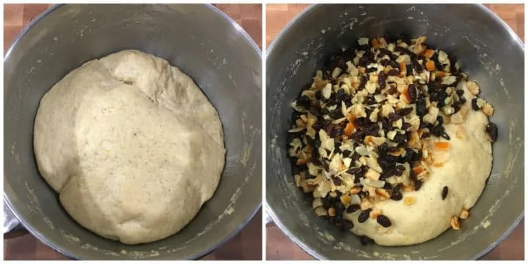 Eine Küchenmaschine mit Knethaken knetet den Hefeteig für den Stollen.