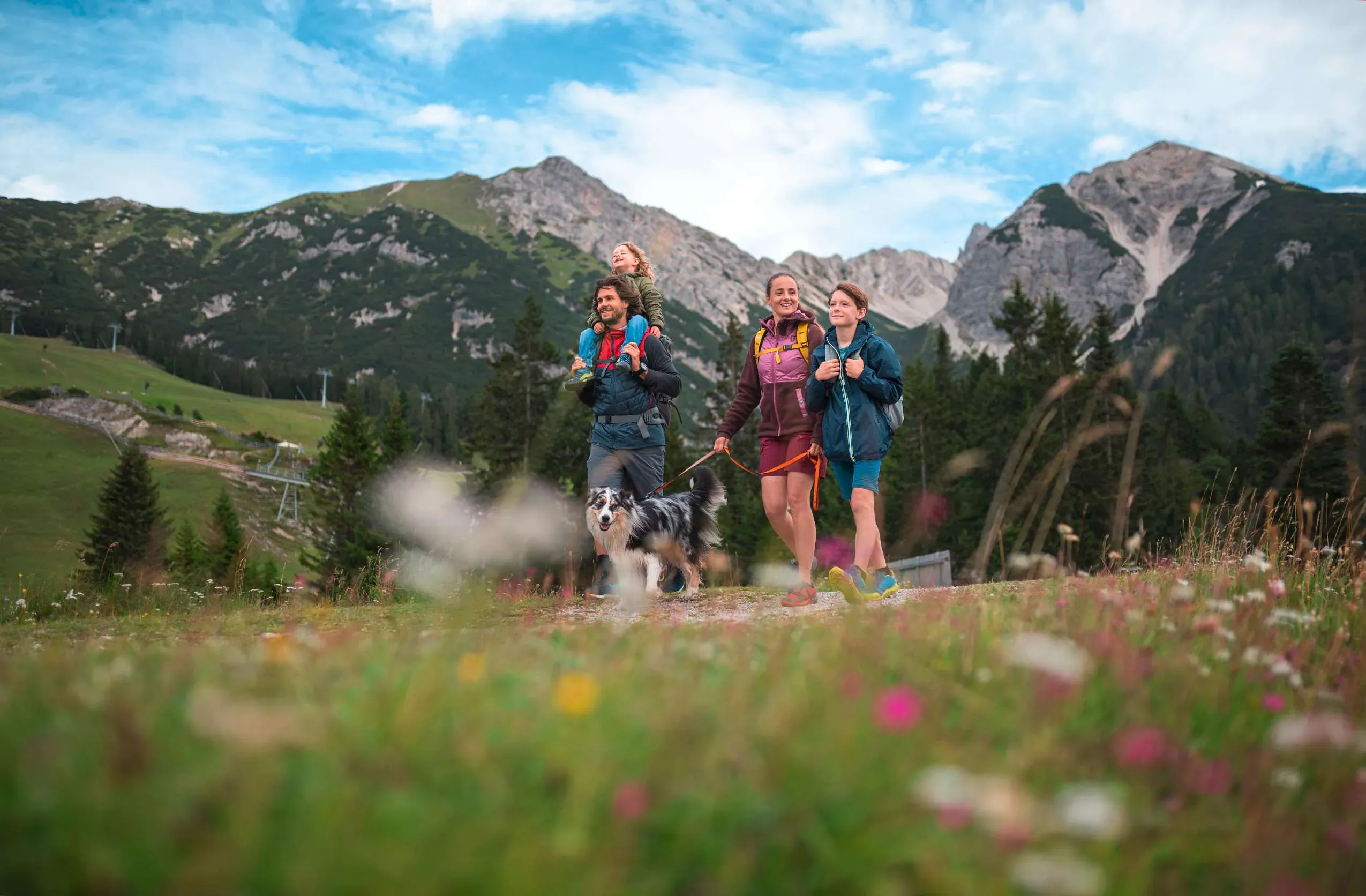 Eine malerische Wanderung mit Hund in der Region Seefeld in Tirol, nahe dem Hotel Zum Gourmet, das sich perfekt für Aktivurlauber eignet.