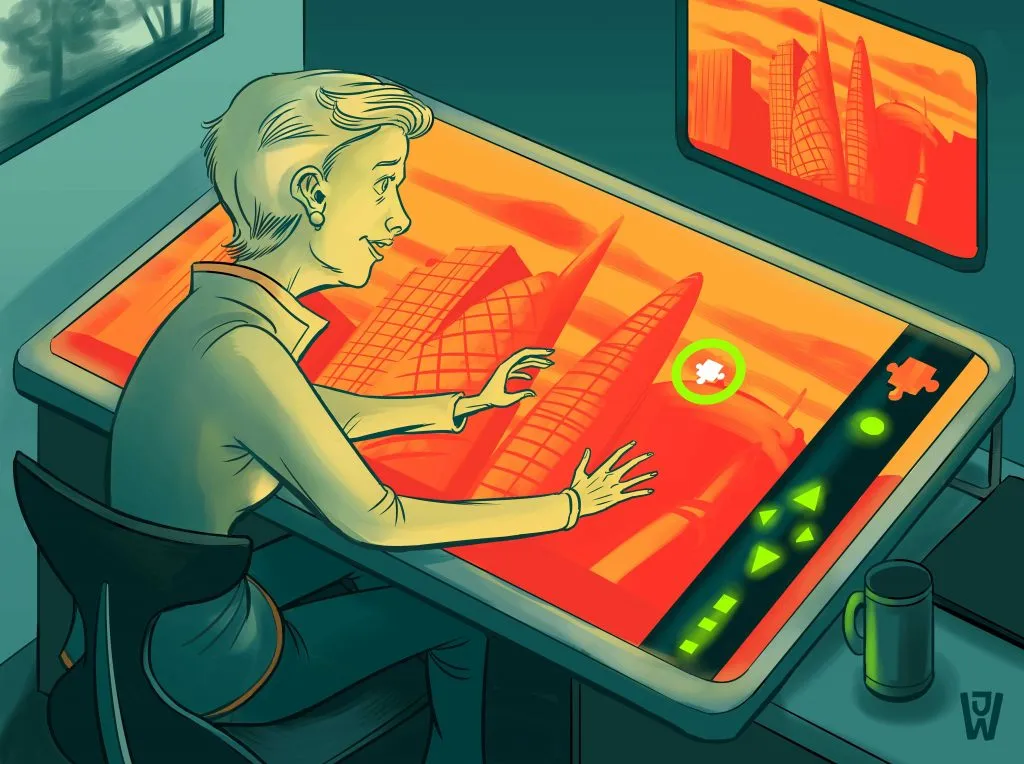 Eine Person legt das letzte Teil in ein digitales Puzzle