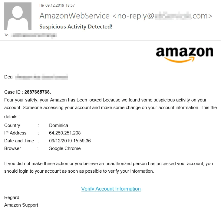 Eine Phishing-E-Mail, die besagt, dass Ihr Konto aufgrund verdächtiger Aktivitäten gesperrt wurde