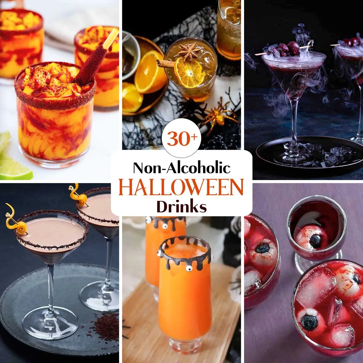 Eine quadratische Collage aus sechs Rezeptfotos mit Text, die verschiedene alkoholfreie Halloween-Getränke und Leckereien zeigen.