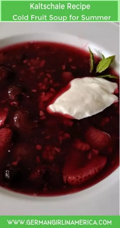 Eine Schüssel mit Kaltschale, dekoriert mit frischen Himbeeren und einem Zweig Minze, steht auf einem Holztisch. Im Hintergrund ist eine verschwommene sommerliche Szene zu sehen. Alt-Text: Kaltschale Rezept: Servierfertige, kalte Beerensuppe für heiße Sommertage
