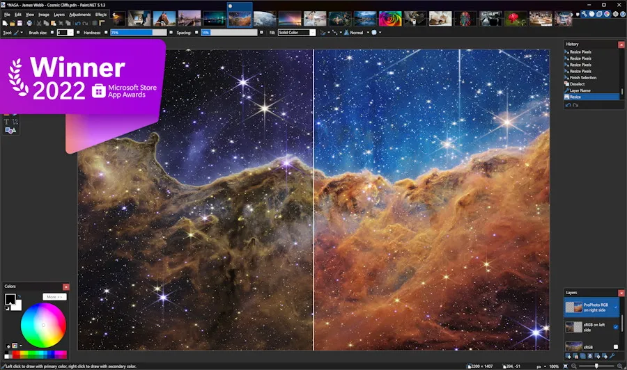 Eine Screenshots von Paint.NET mit geöffneten Werkzeugen
