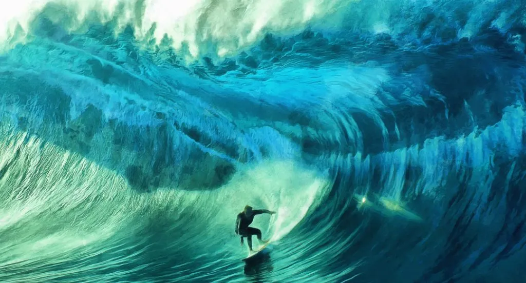Eine Surferin auf einem Surfbrett, die eine große Welle reitet, fokussiert und in Bewegung.