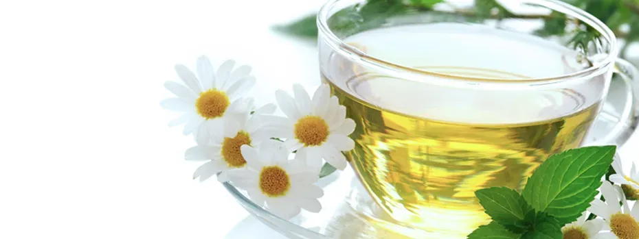 Eine Tasse warmer Kamillentee mit getrockneten Blüten, ideal zum Trinken bei Halsschmerzen und Erkältung.