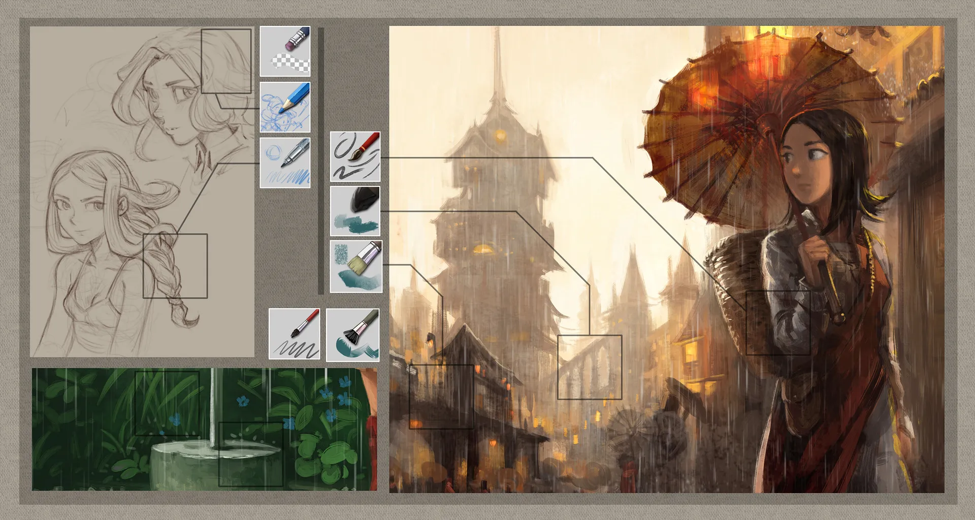 Eine Übersicht über eine Leinwand, auf der verschiedene Krita Pinsel verwendet wurden, um unterschiedliche Effekte zu erzielen, wie z.B. Texturen, Farbverläufe und Schattierungen.