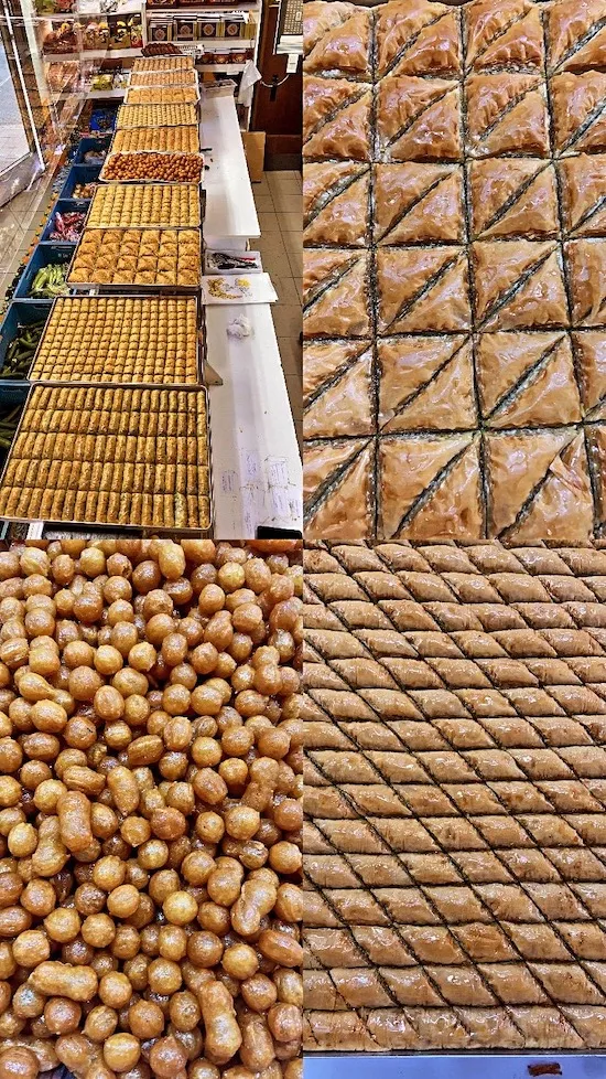 Eine verlockende Auswahl an süßem türkischen Gebäck, darunter Baklava und Kekse, bei Bäckerei Basak