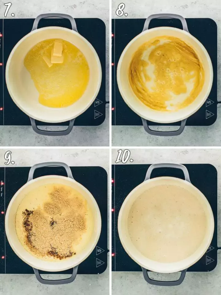 Eine visuelle Anleitung zur Zubereitung einer veganen Béchamelsauce, beginnend mit dem Schmelzen der Butter bis zur fertigen cremigen Sauce.