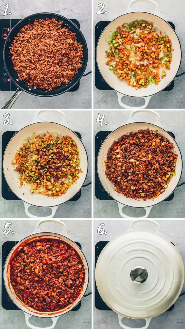 Eine visuelle Anleitung zur Zubereitung einer veganen Bolognese-Sauce, beginnend mit dem Anbraten von Gemüse bis zum fertigen Köcheln der Sauce.