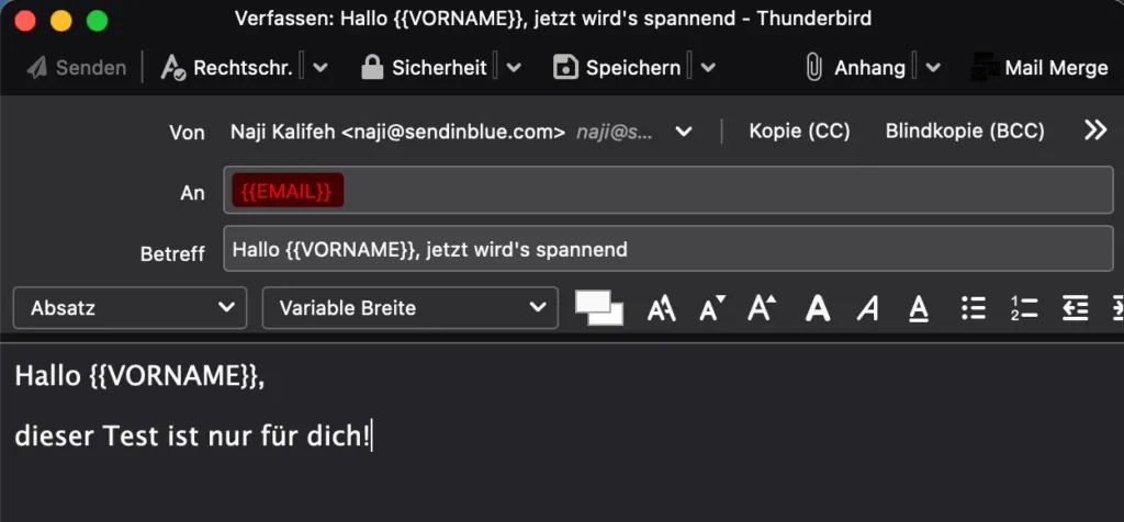 Eine Vorlage für eine personalisierte Serienmail in Thunderbird erstellen, mit Platzhaltern für Anrede und Betreff