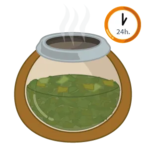 Einen Mate-Becher aus Naturmaterialien vor der ersten Benutzung mit Mate Tee und Wasser kurieren, um den Geschmack zu optimieren.