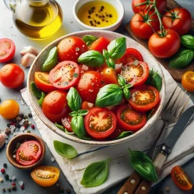 Einfacher Basilikum-Tomatensalat, basisch und erfrischend, perfekt für eine gesunde Mahlzeit