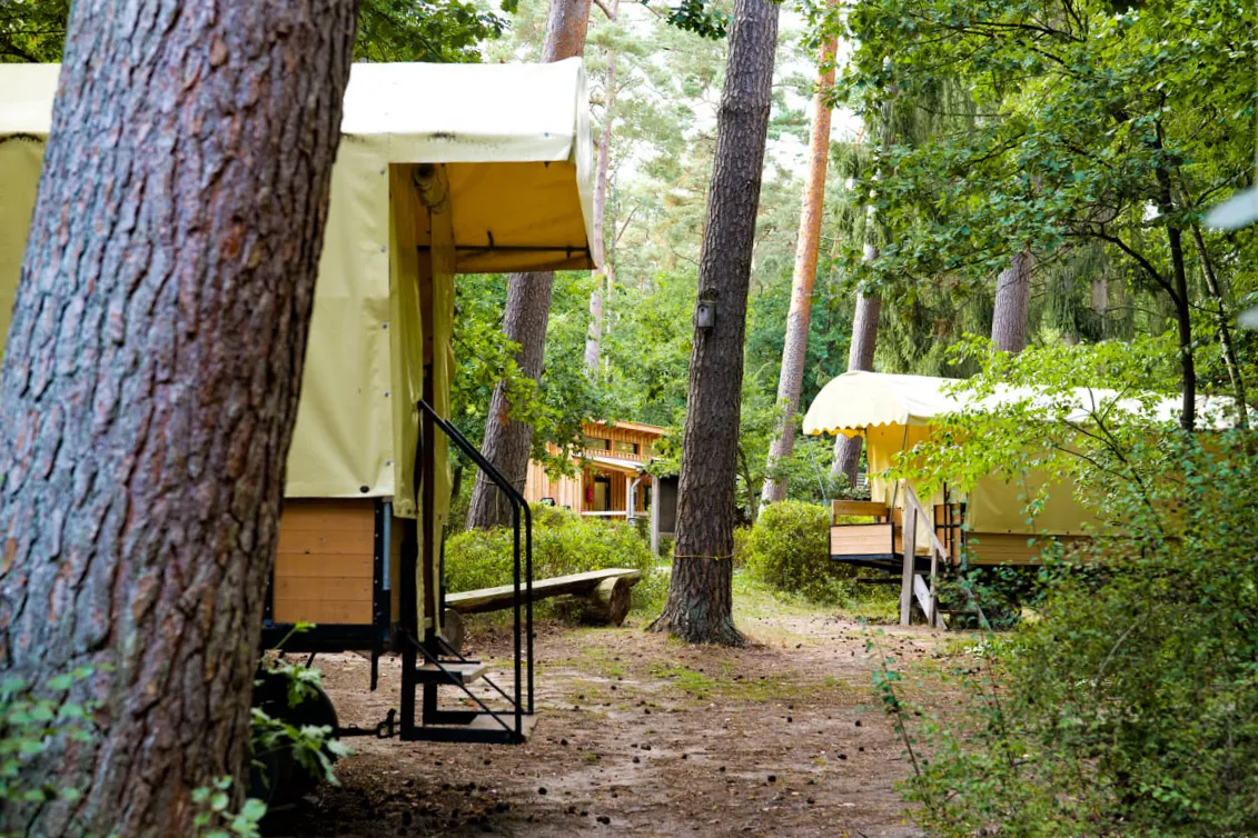 Einfaches, aber gemütliches Interieur eines Planwagens im Schaalsee-Camp