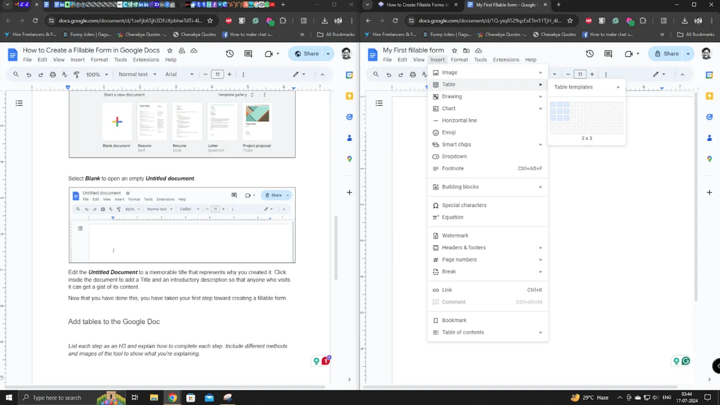 Einfügen einer Tabelle in Google Docs als Grundlage für Formularfelder