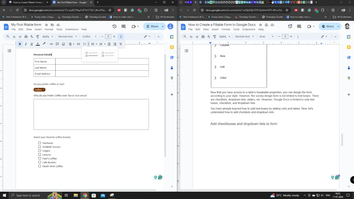 Einfügen von Checklisten und Dropdown-Menüs als interaktive Google Docs Formularfelder