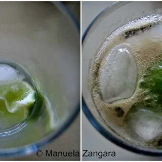 Einfüllen von Rum und Cola in ein Glas mit Limettensaft und Eis