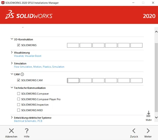 Eingabe der Lizenznummern für SOLIDWORKS und SOLIDWORKS CAM