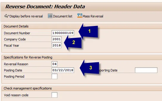 Eingabemaske für FB08 zum Stornieren von FI-Belegen in SAP