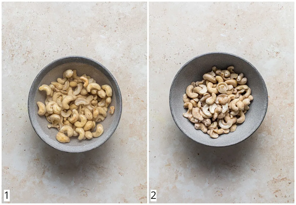 Eingeweichte und abgetropfte Cashewkerne, die Basis für unser veganes Burrata Rezept