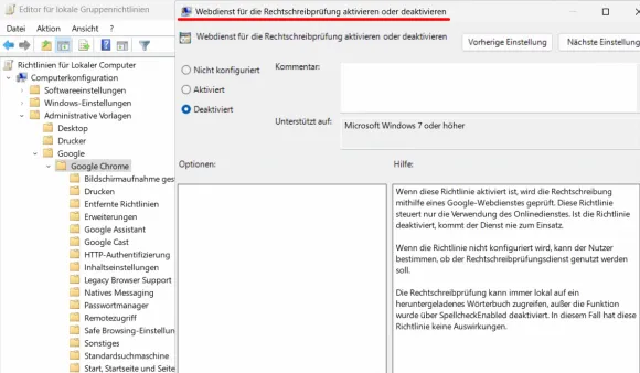 Einstellung zur Steuerung der Web-basierten Rechtschreibprüfung
