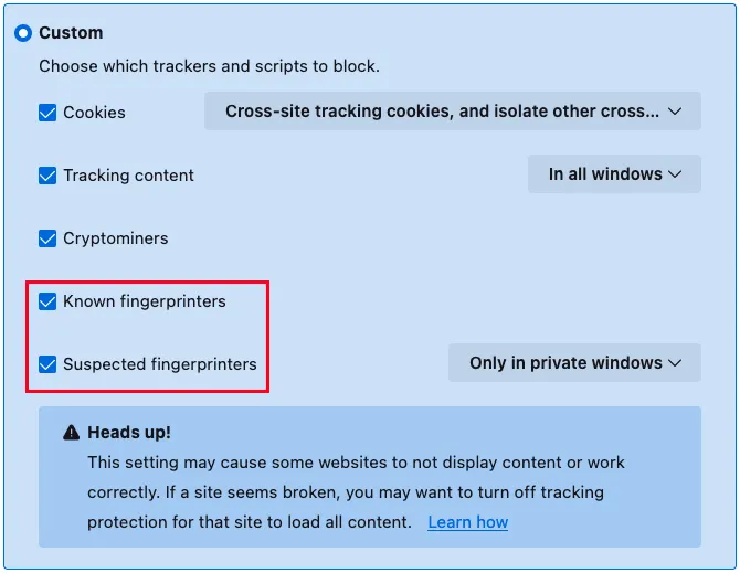 Einstellungen für Fingerprinting-Schutz